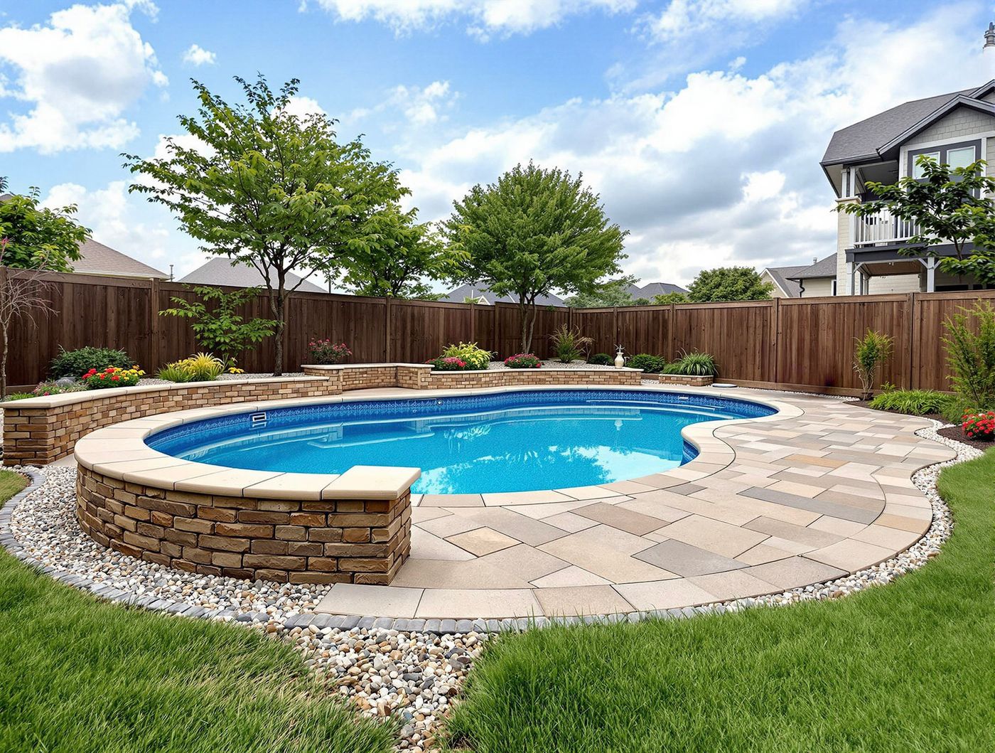Curved Pool with Raised Stone Planter Walls