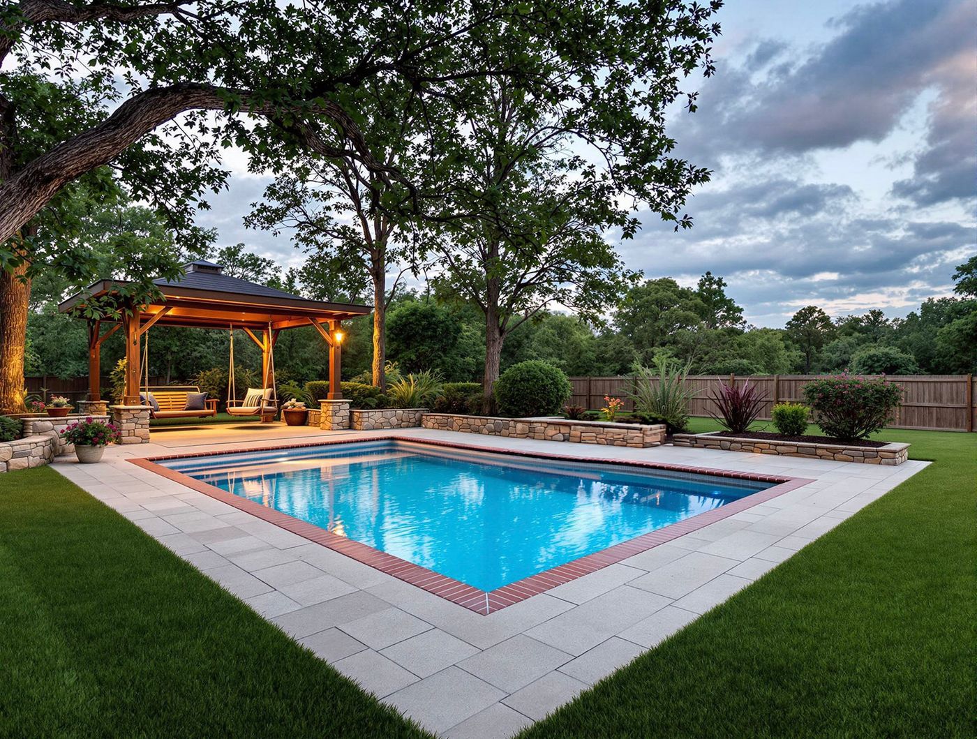 Rectangular Pool with Brick Coping and Gazebo Swing