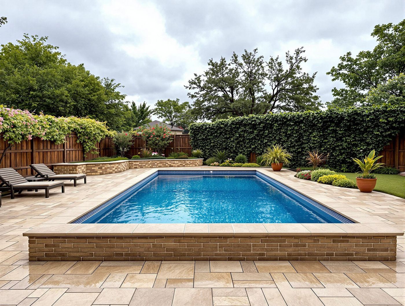 Rectangular Pool Framed by Ivy Hedge Wall