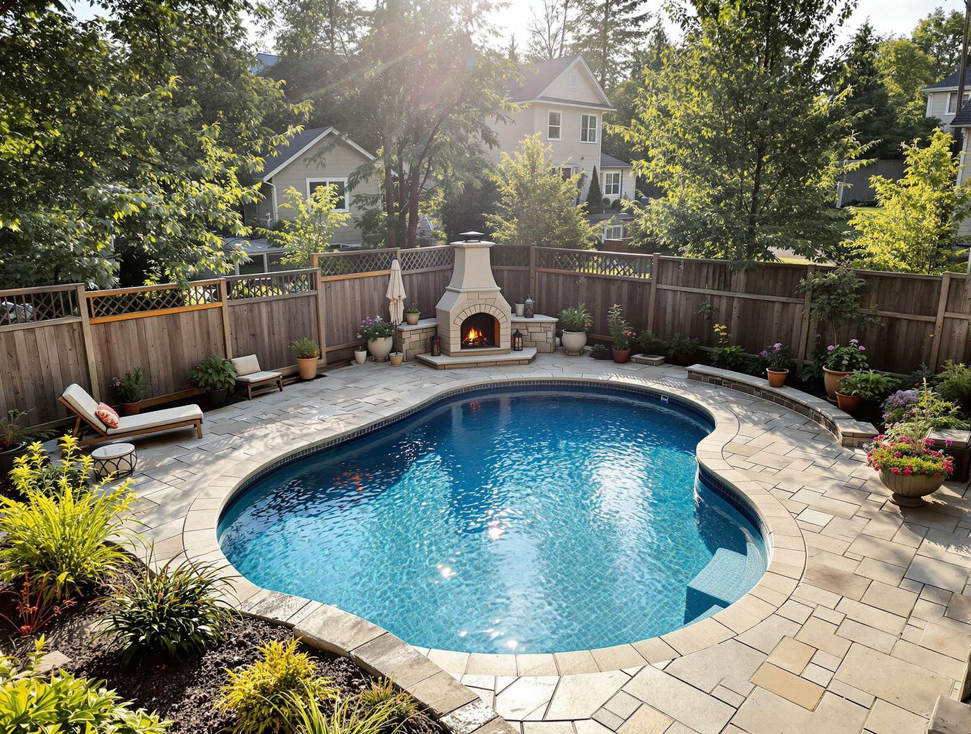 Freeform Pool with Stone Outdoor Fireplace