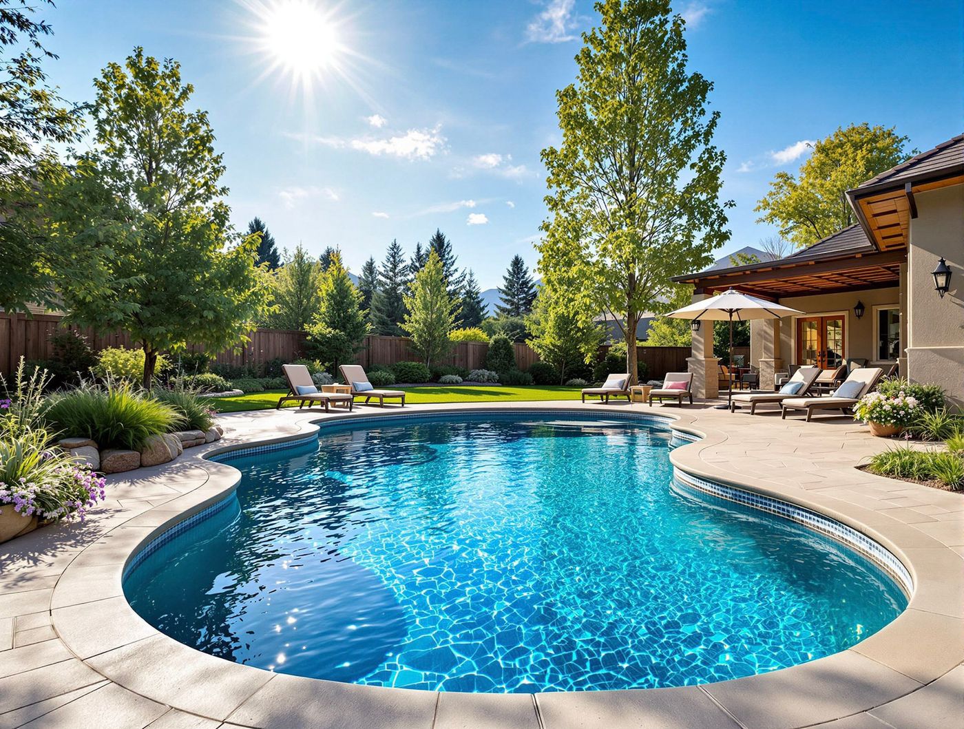 Sunlit Kidney Pool with Covered Stucco Patio