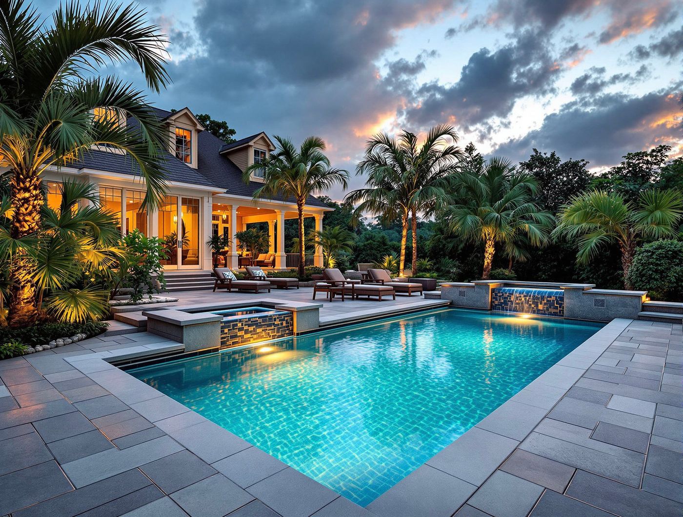 Tropical Pool with Raised Spa and Palm Trees