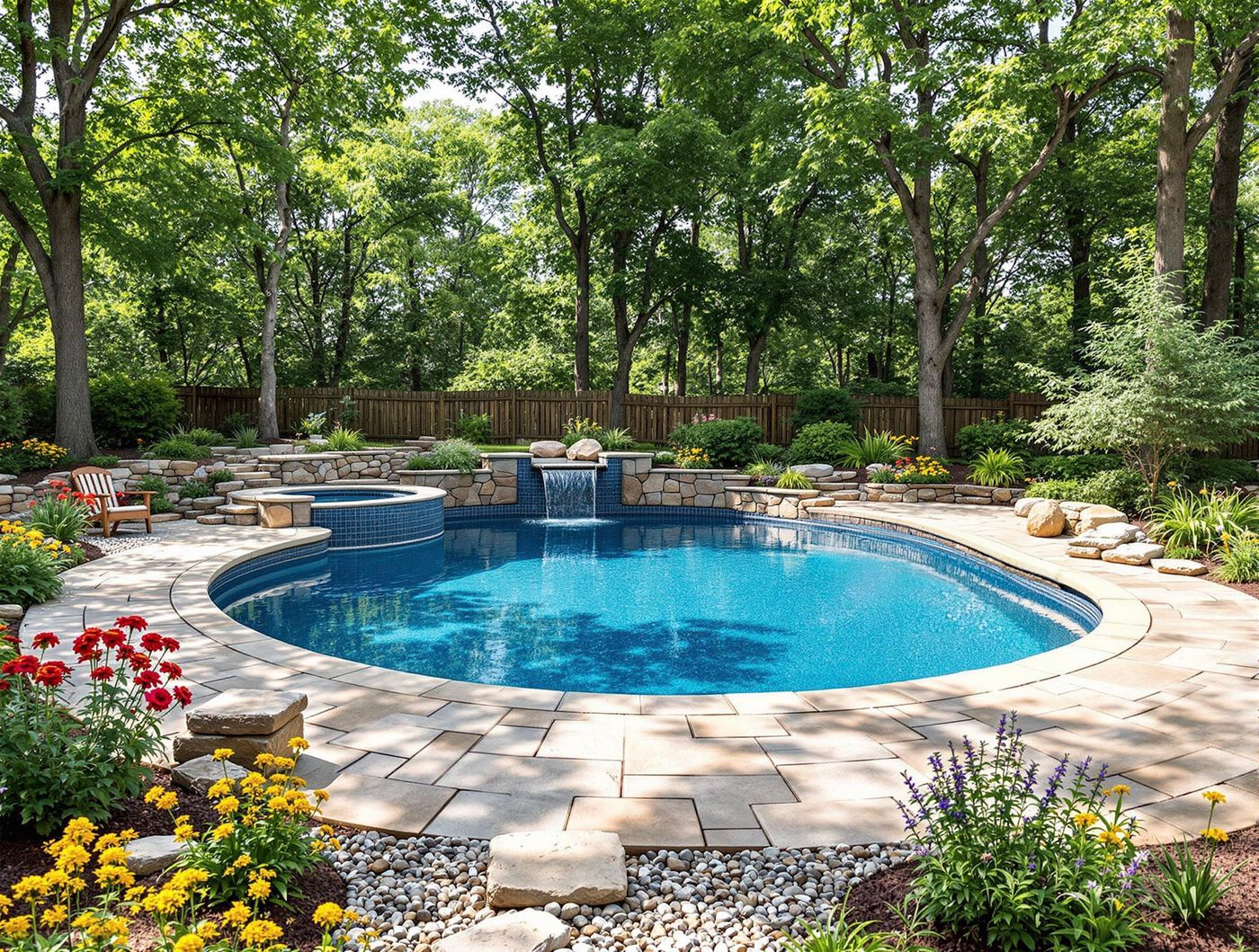 Round Pool with Stacked Stone Waterfall Spa