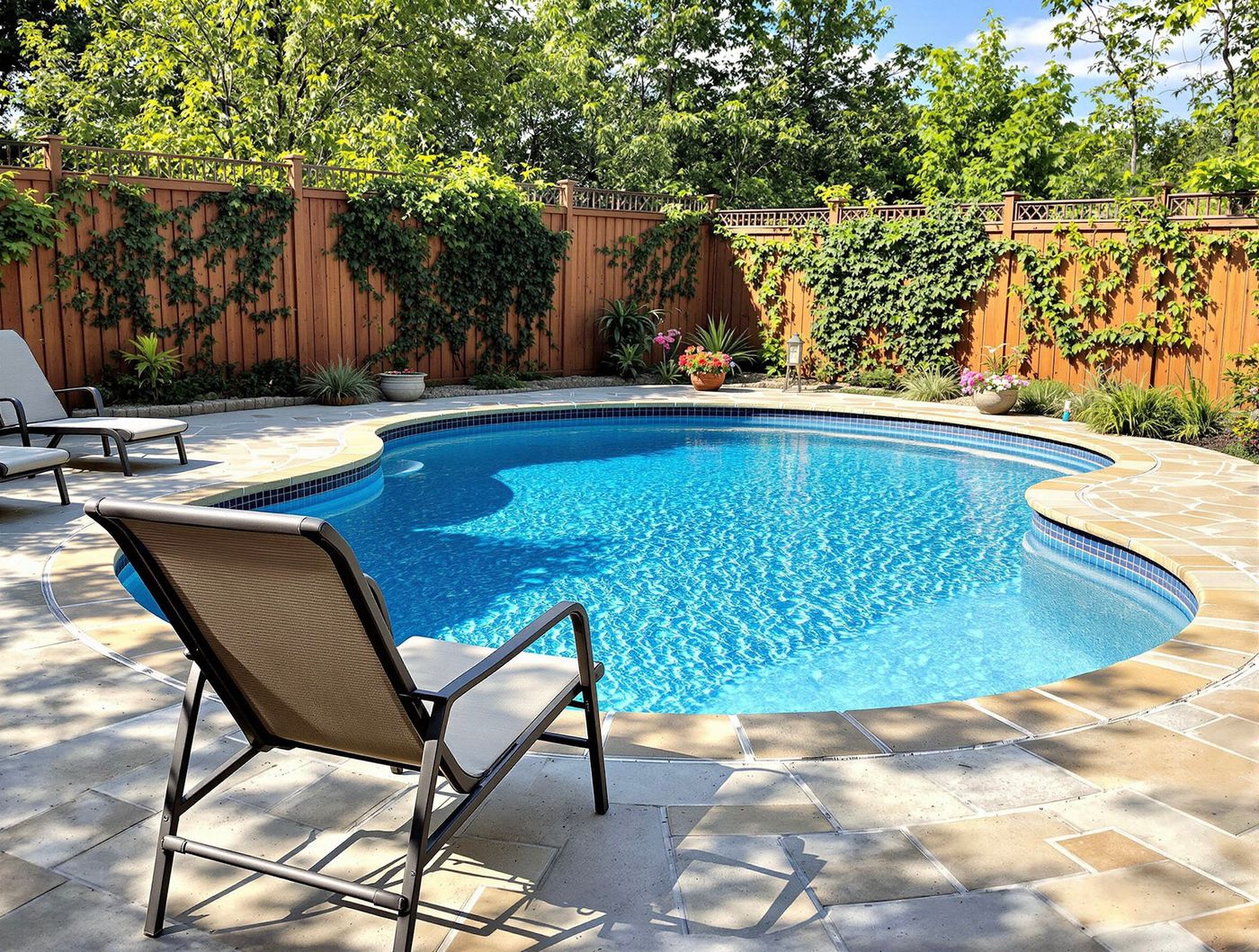 Kidney Pool with Ivy-Covered Wood Fence