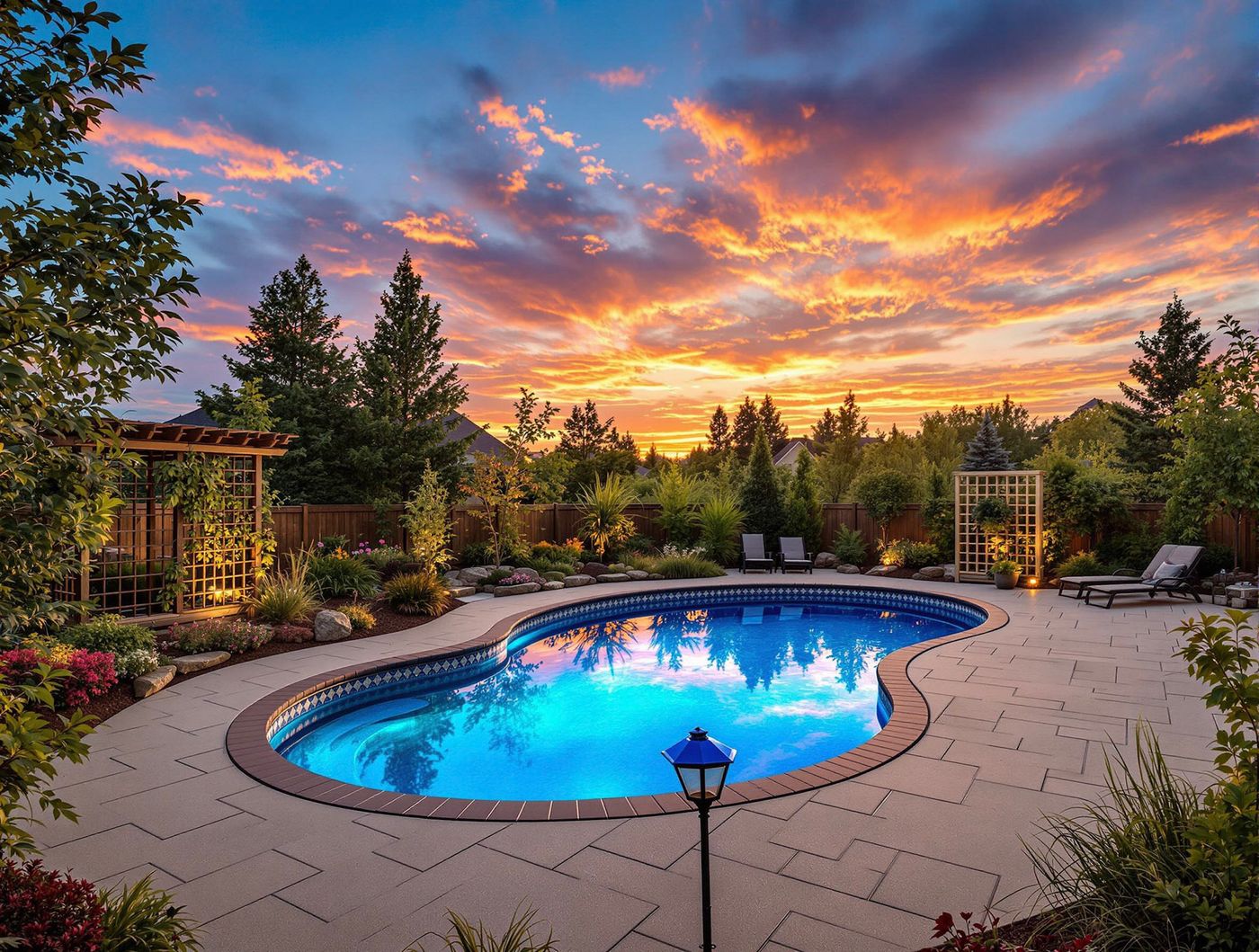 Freeform Pool Under Dramatic Sunset Sky
