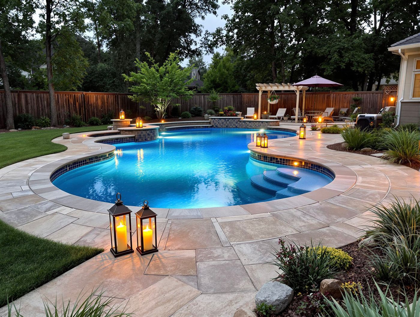 Freeform Pool at Dusk with Lantern-Lit Patio