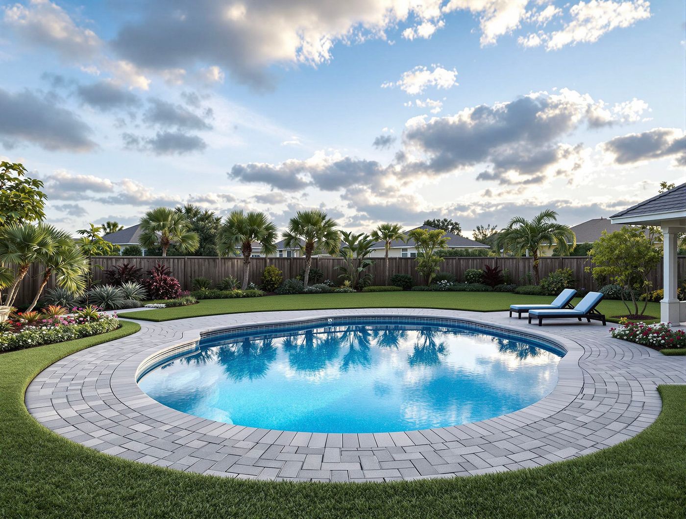 Round Pool with Paver Surround at Dusk