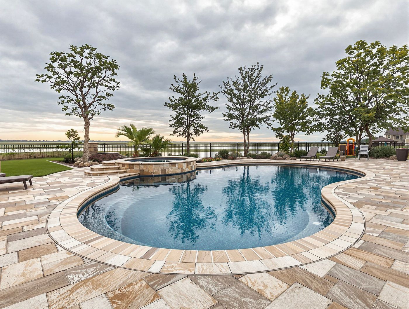 Freeform Pool Overlooking Open Waterfront