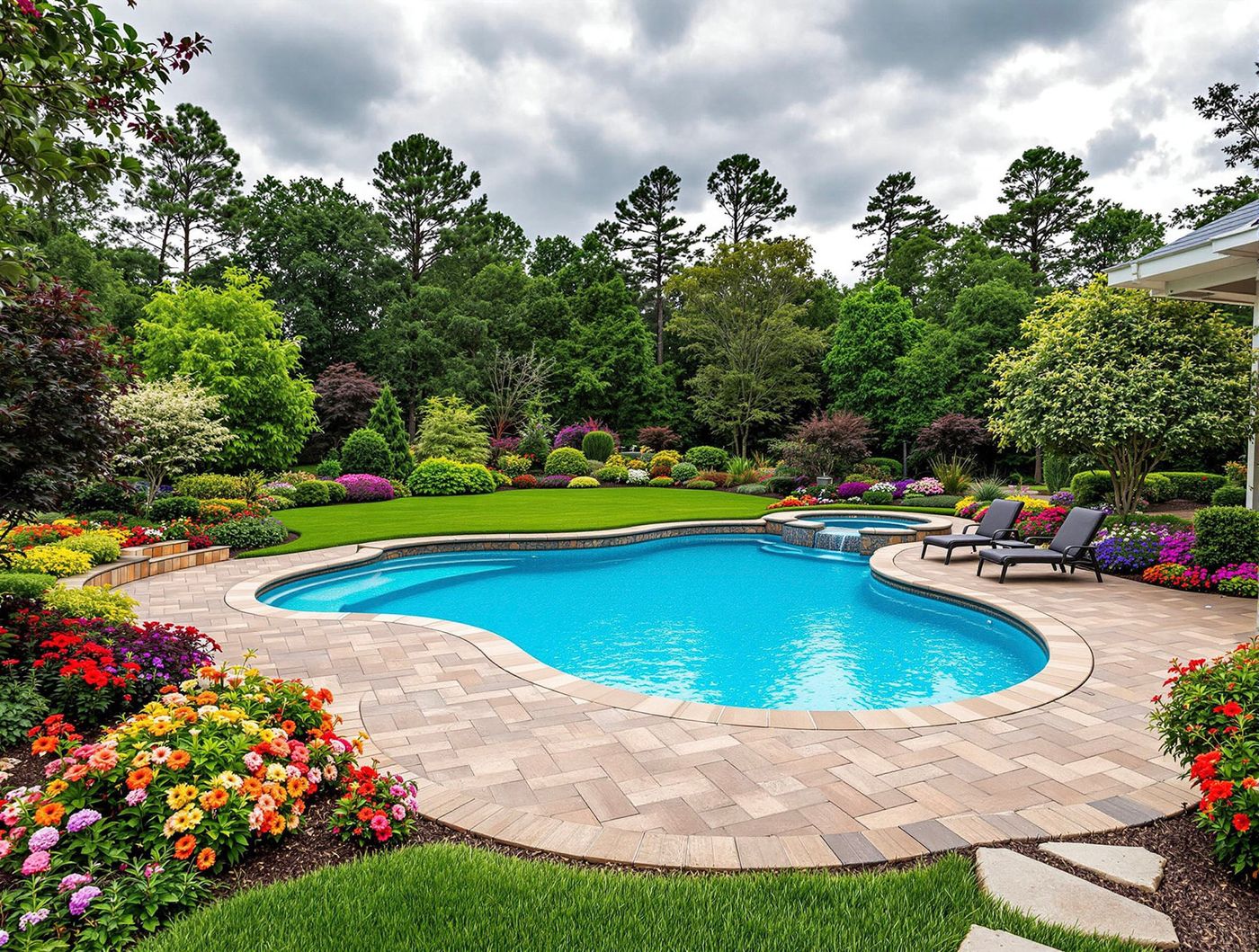 Freeform Pool in Colorful Flower Garden