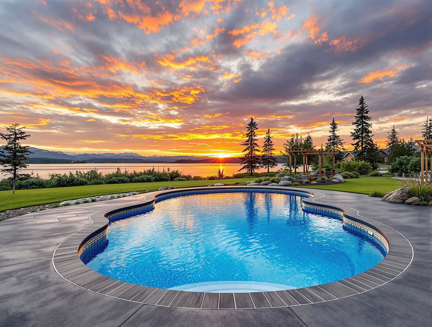 Round Pool with Lakeside Sunset Glow