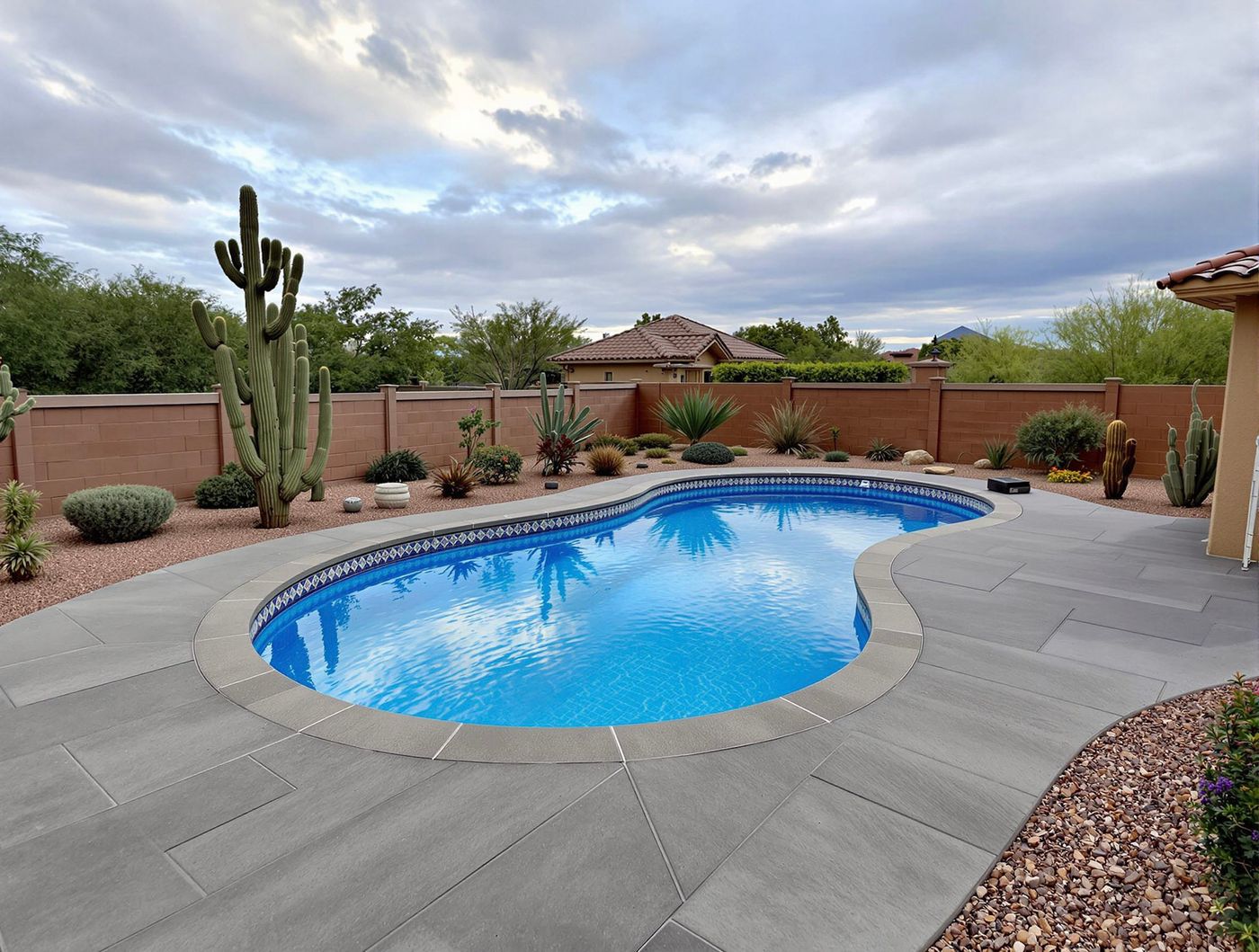 Desert Pool with Saguaro Cactus Backdrop