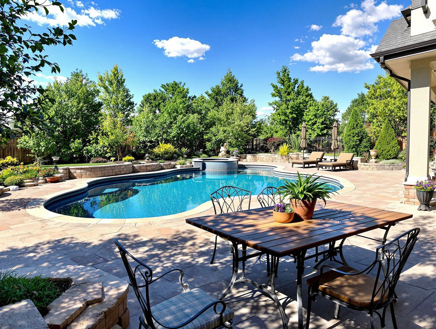 Shaded Pool Patio with Wrought Iron Table