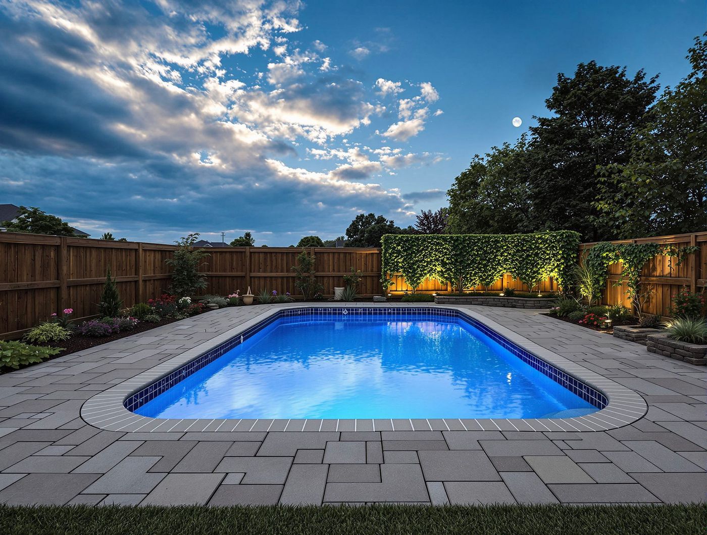 Oval Pool with Evening Moonlit Sky