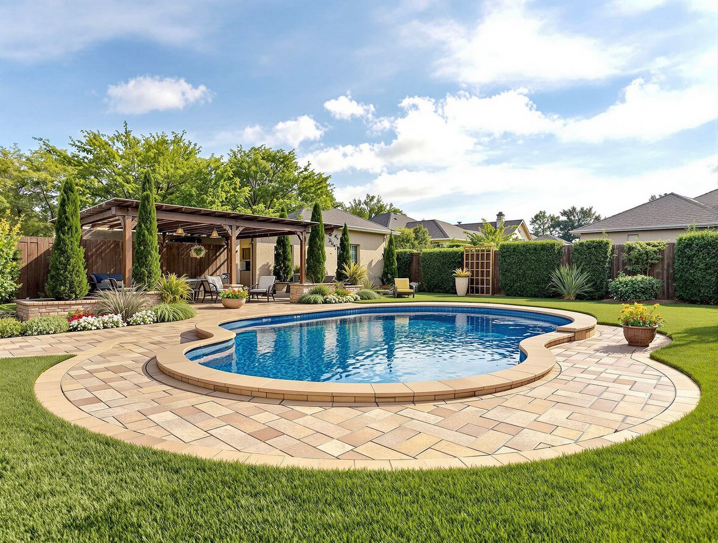Curved Pool Beside Wooden Pergola Retreat