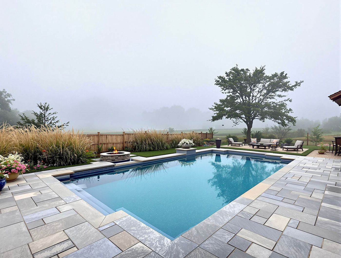 Rectangular Pool Patio on Foggy Morning