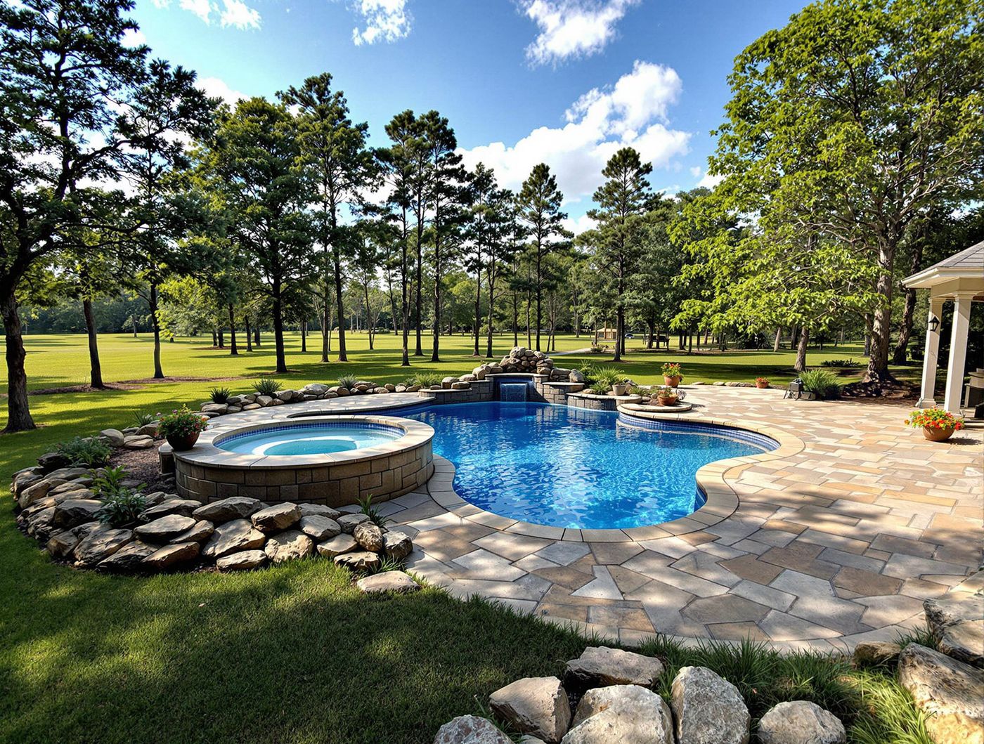 Freeform Pool Beside Round Boulder Spa