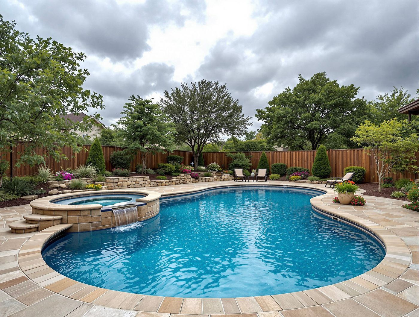 Freeform Pool with Spillway Spa Surround