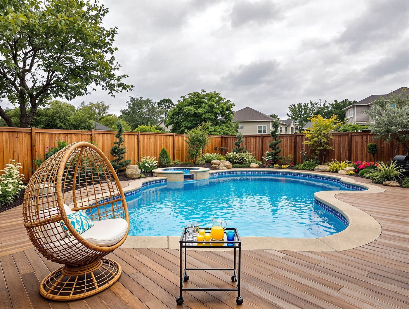 Wood-Deck Pool with Woven Egg Chair