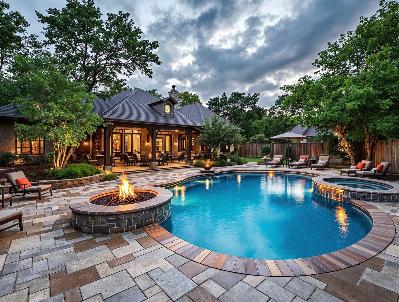 Twilight Pool with Stone Fire Pit
