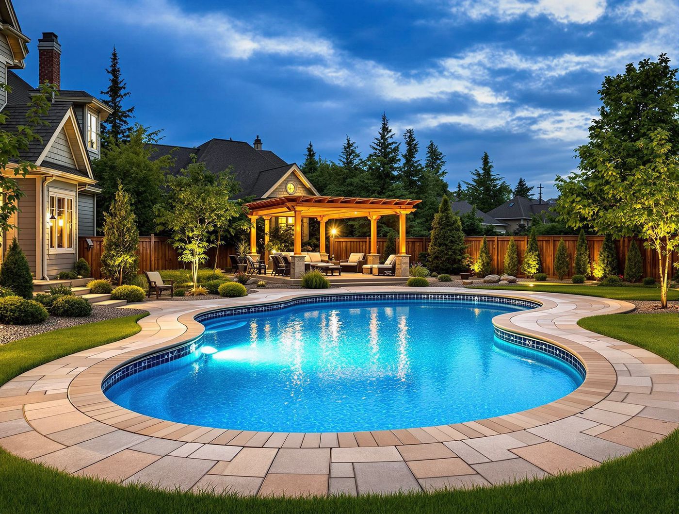 Evening Pool with Wooden Pergola Lounge