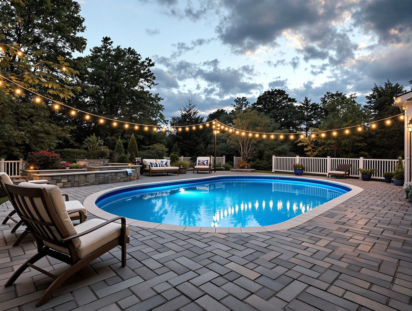 String-Lit Pool with Stacked Stone Wall