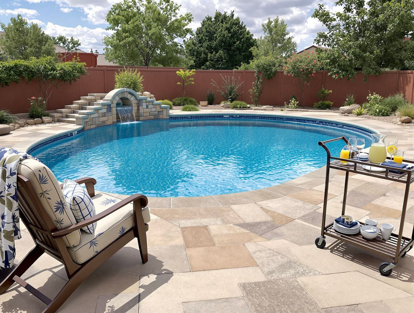 Terracotta Fenced Pool with Stone Fountain