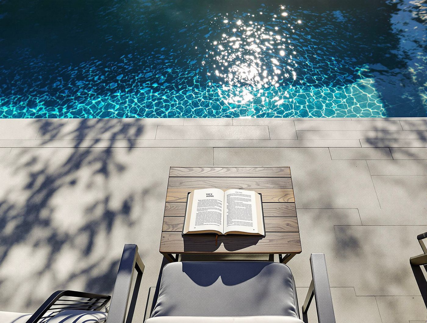 Sunlit Pool Corner with Poolside Book