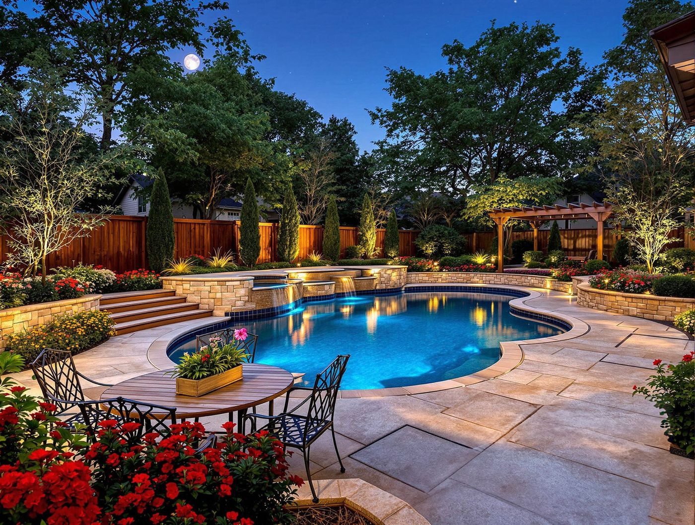 Moonlit Pool with Wooden Pergola