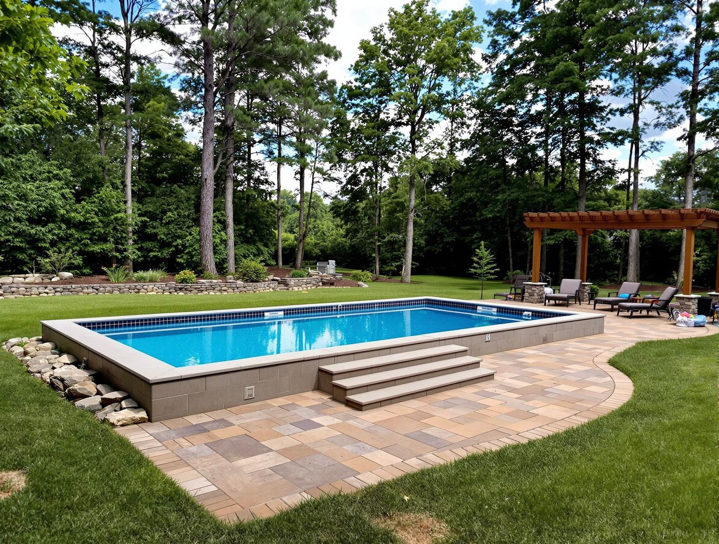 Wooded Rectangular Pool with Wood Pergola