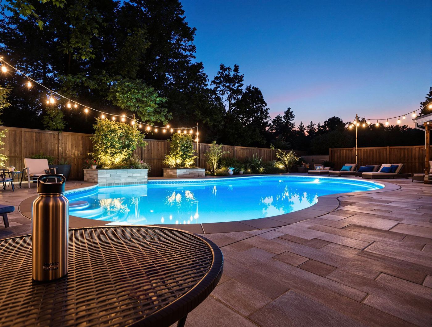 String-Lit Pool with Metal Water Bottle