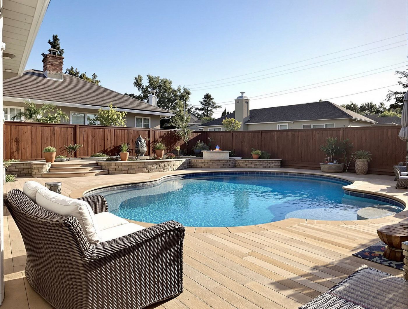 Wood Deck Pool with Wicker Sofa