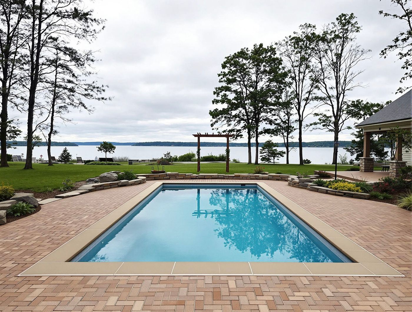 Lakefront Rectangular Pool with Wood Arbor