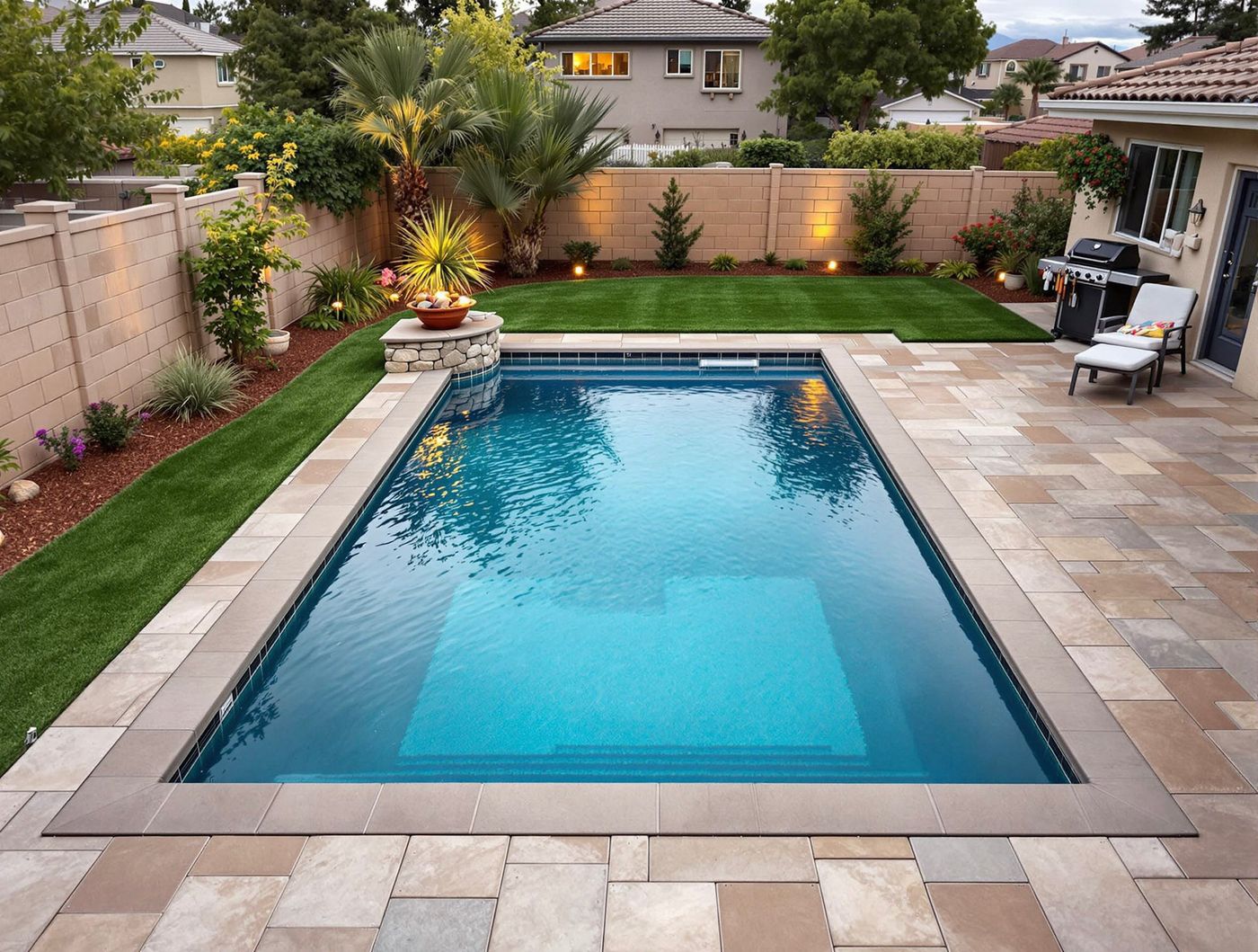 Turf-Framed Pool with Stone Fire Bowl