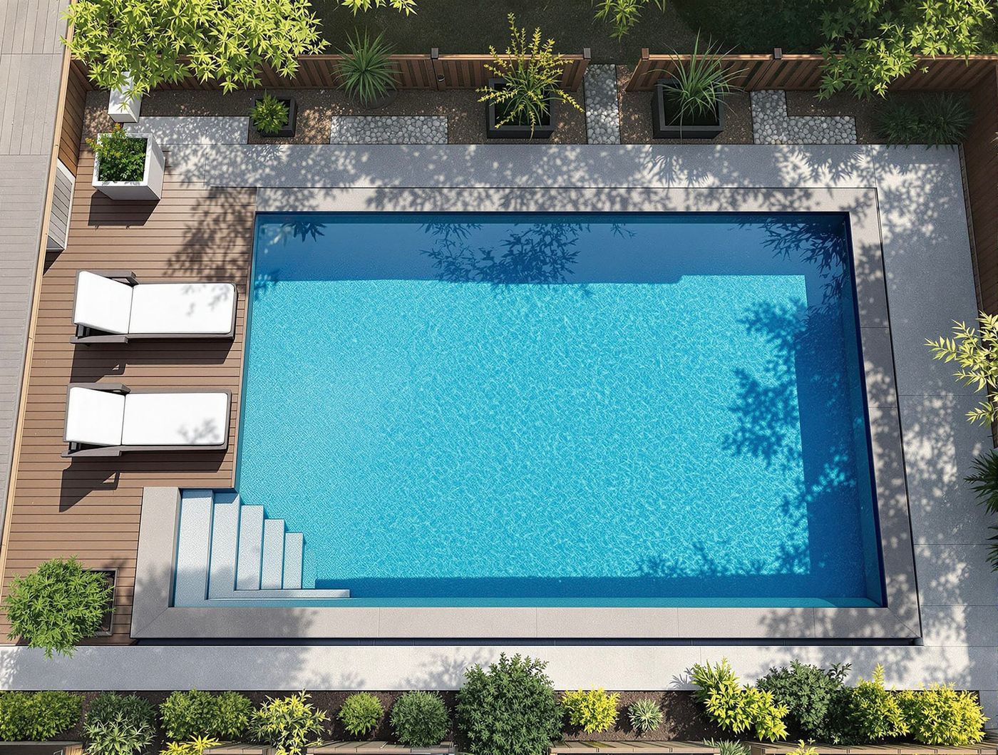 Aerial View of Wood Deck Pool with Steps
