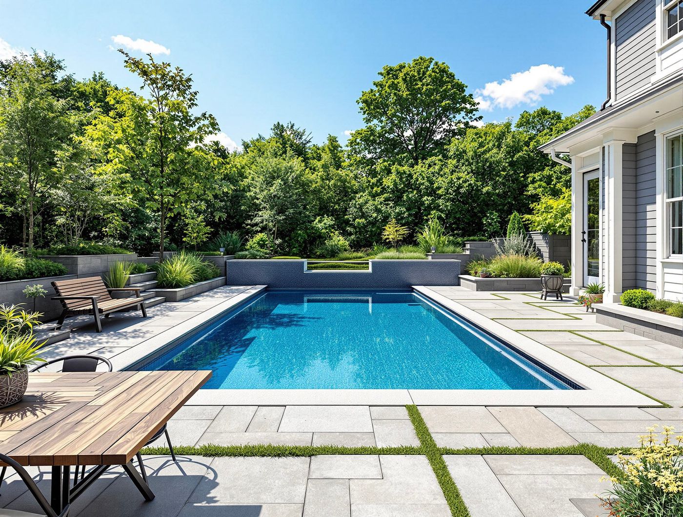 Turf-Bordered Pool by Gray Stucco Home