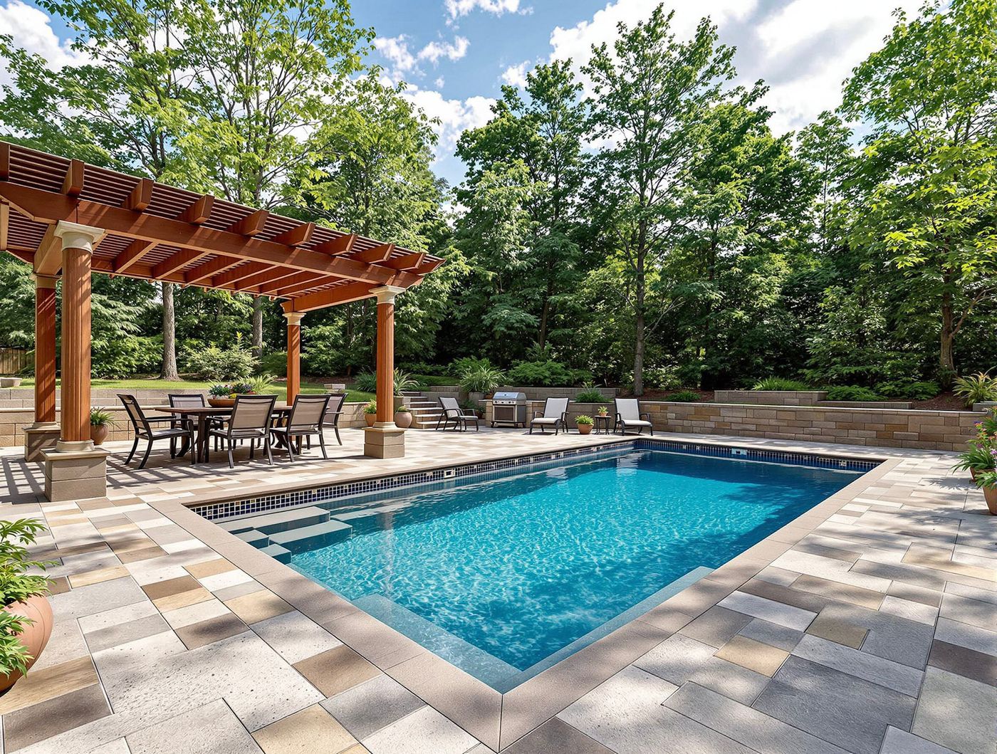 Rectangular Pool Under Cedar Pergola