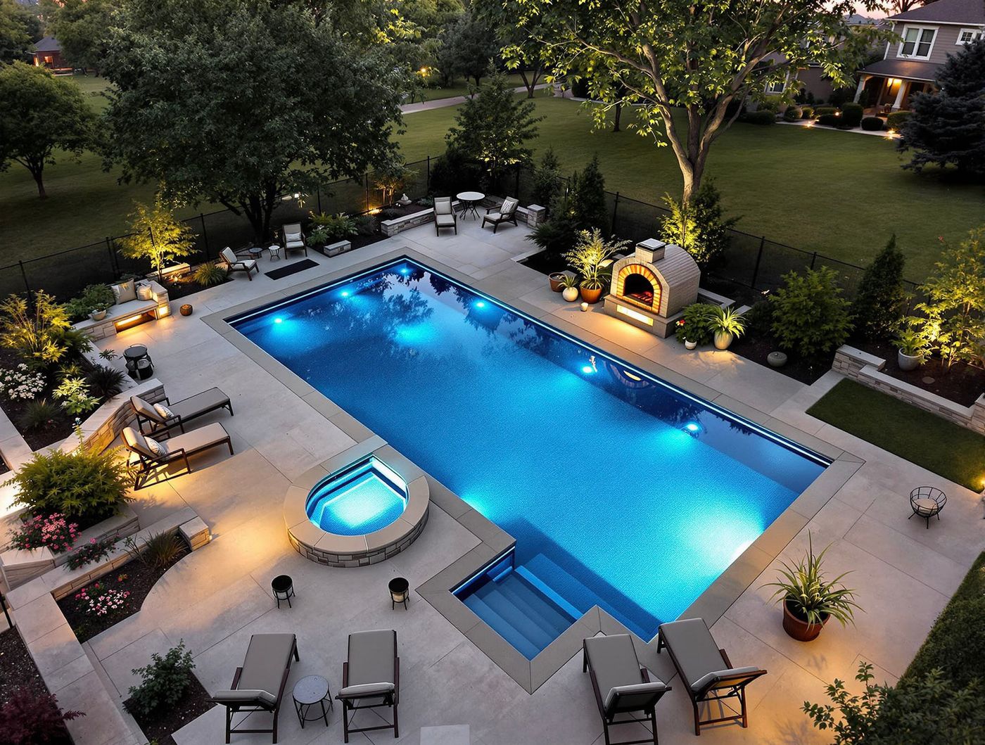 Twilight Pool with Sunken Fire Pizza Oven