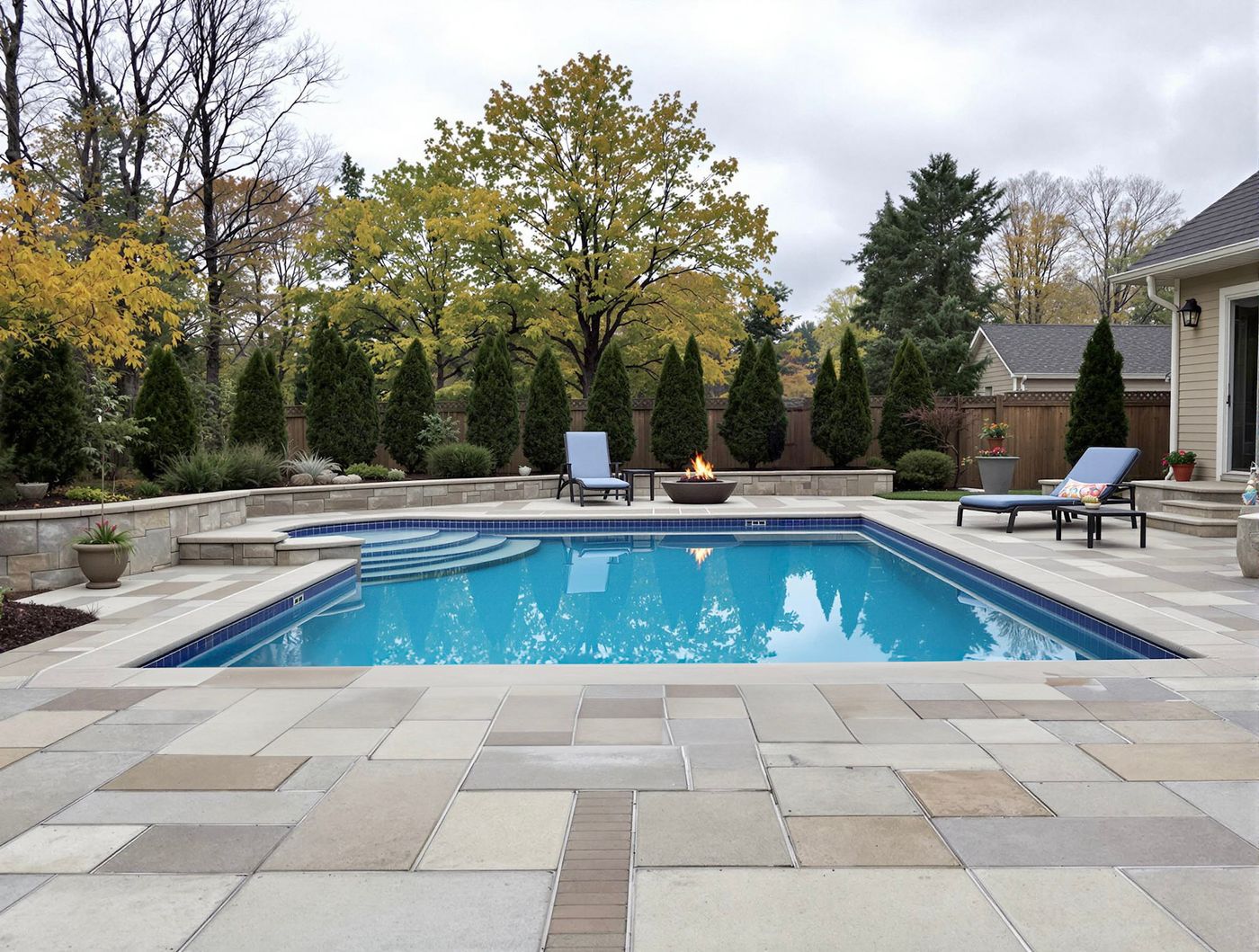 Autumn Pool with Fire Bowl Seating