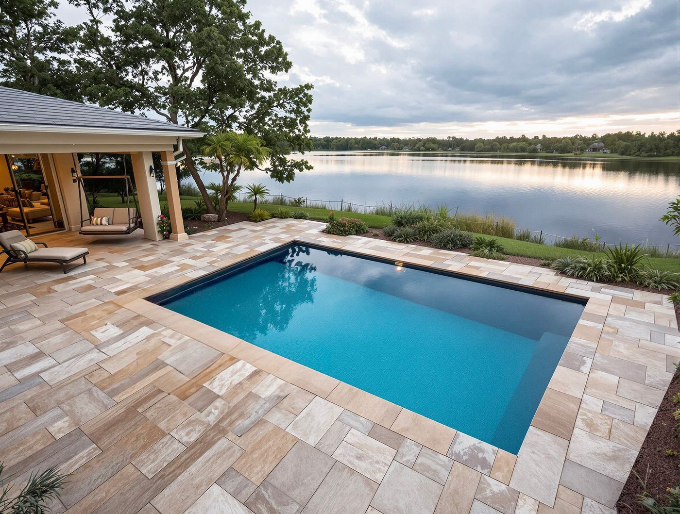 Lakeside Rectangular Pool at Dusk