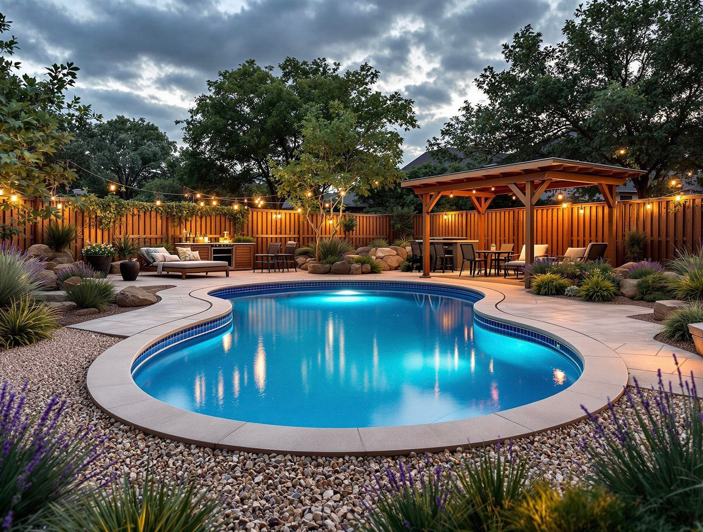 Freeform Pool with String-Lit Pergola