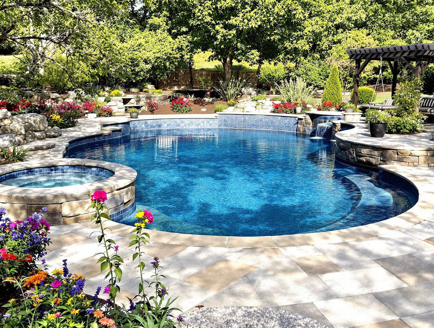 Freeform Pool with Stone Waterfall Spa