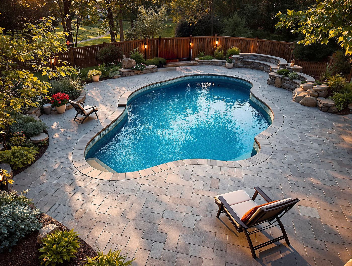 Curved Pool with Sunset Lantern Lighting