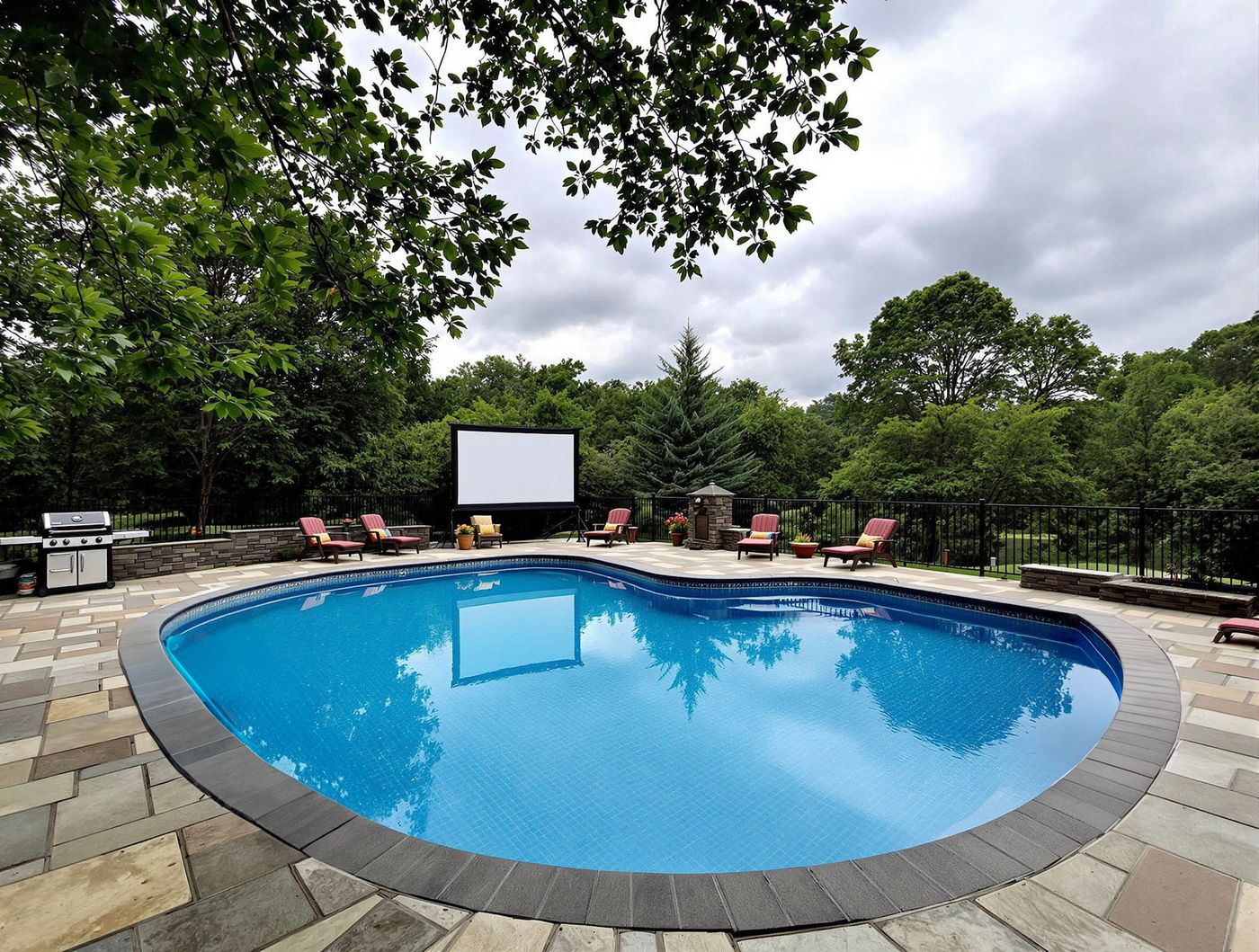Rectangular Pool with String Lights and Blooms