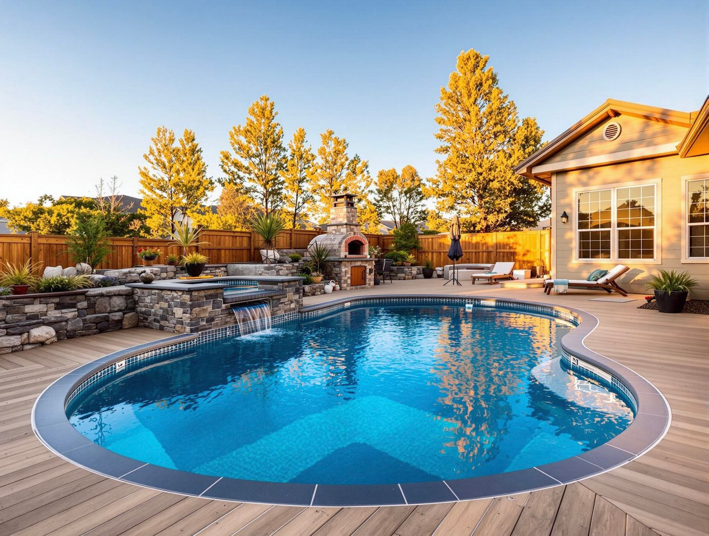 Golden Hour Pool with Stone Fireplace
