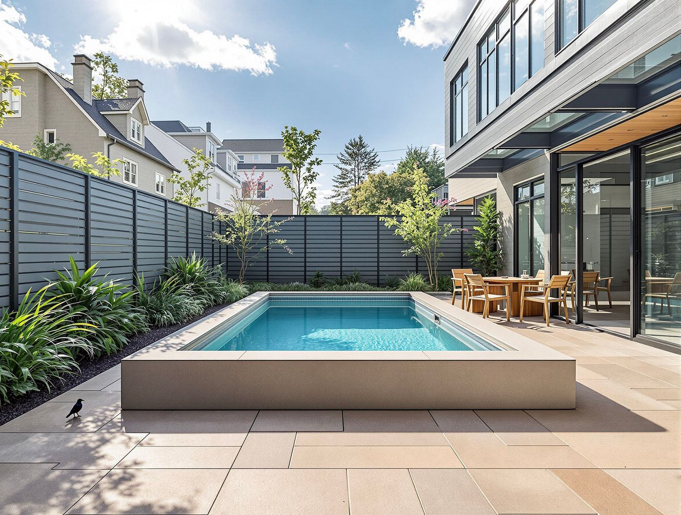 Sunken Modern Pool with Slatted Fence