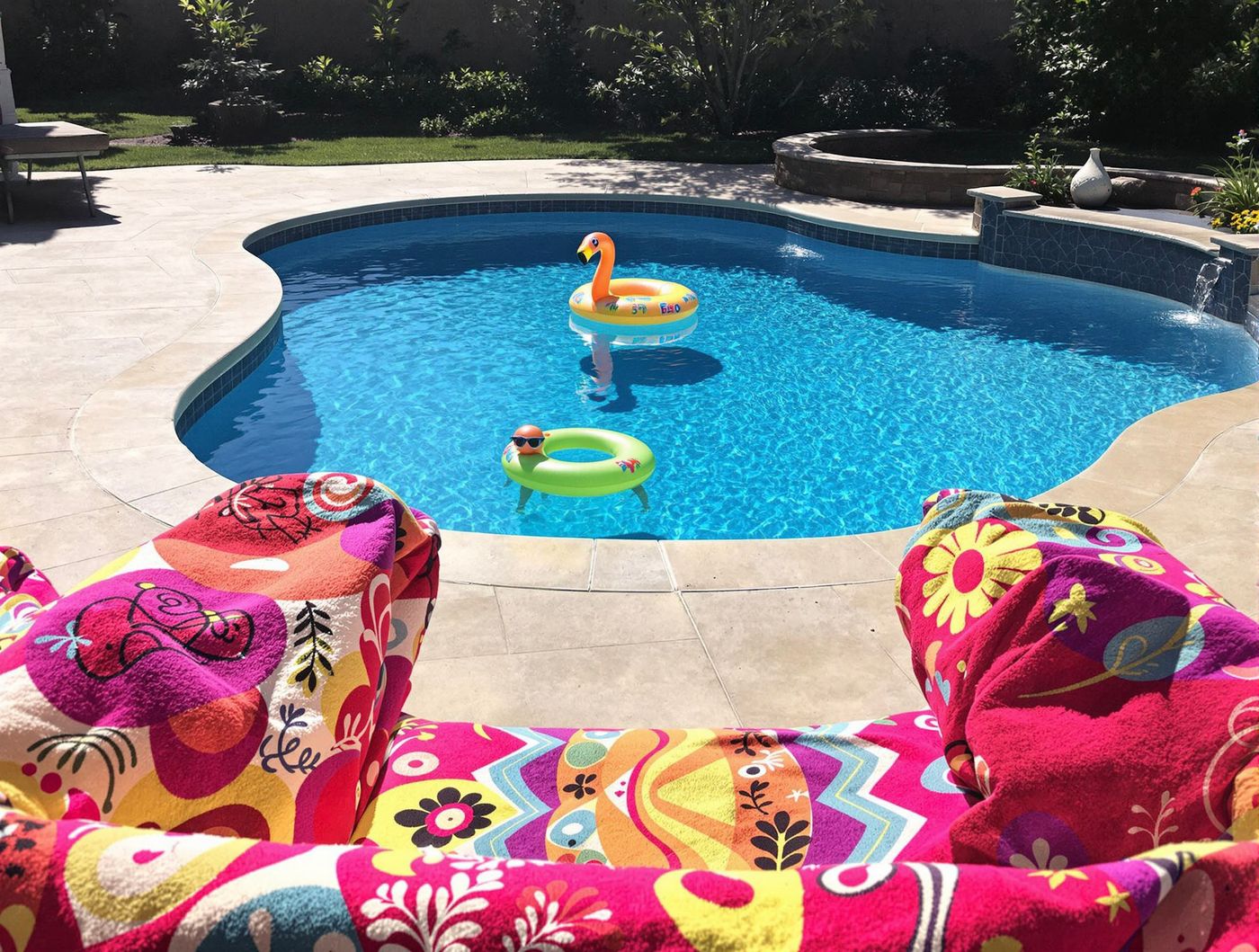 Freeform Pool with Flamingo Pool Floats