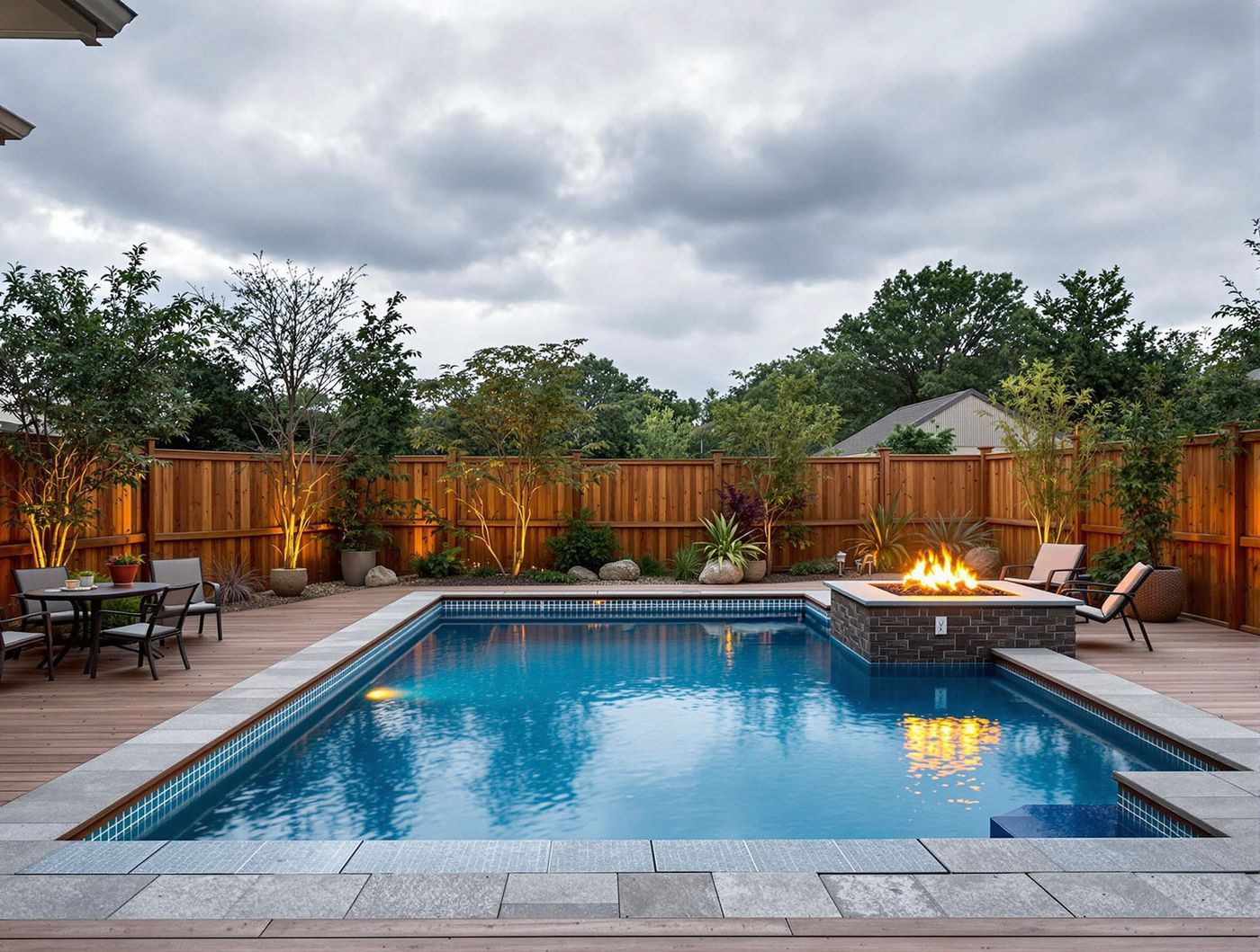 Cloudy Evening Pool with Fire Pit