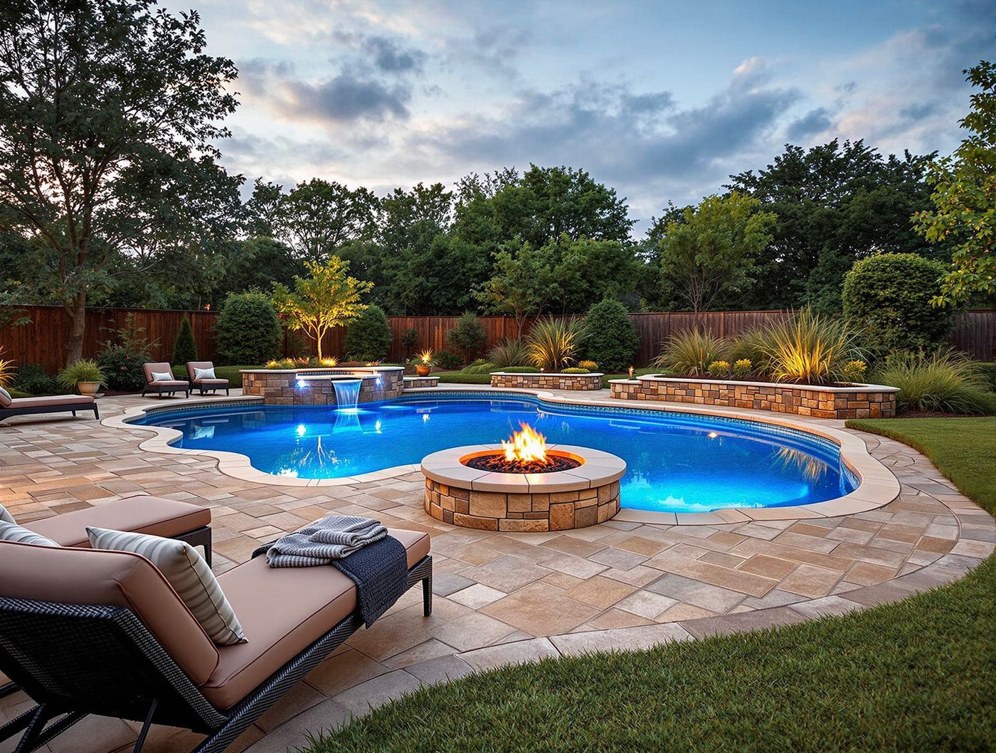 Freeform Pool with Fire Bowl and Waterfall