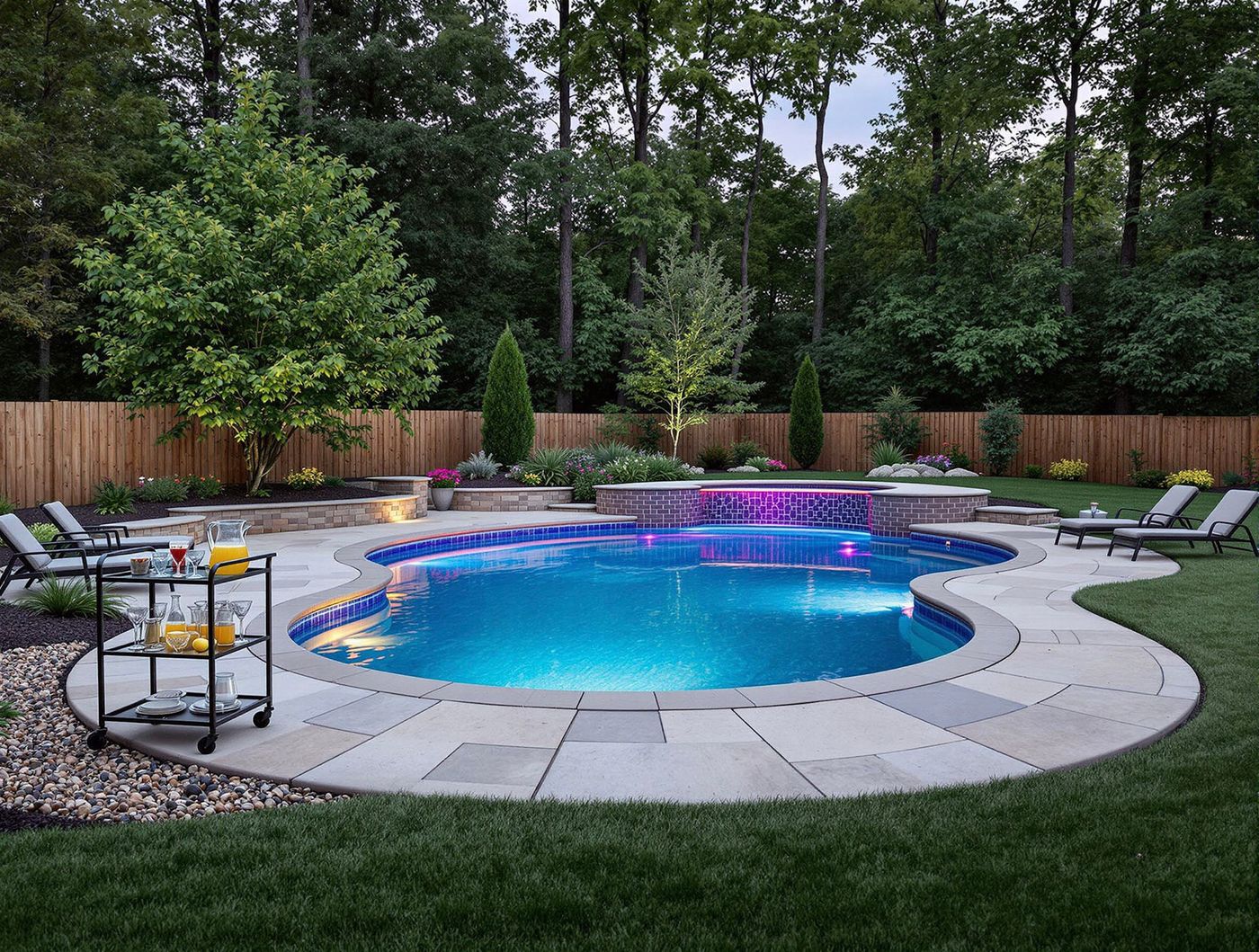 Freeform Pool with Purple-Lit Spa