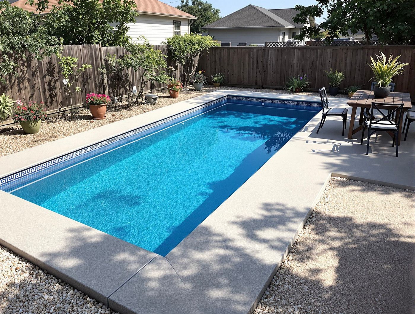 Backyard Pool with Greek Key Tile Border